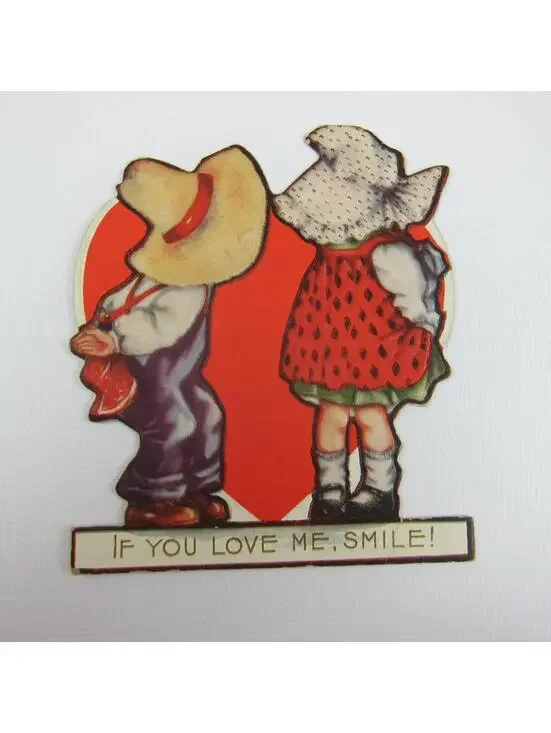 Vintage Valentine Card Die Cut Stand Up Boy Straw Hat & Girl Bonnet UNSIGNED
