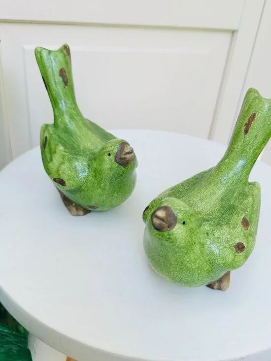 Pier 1 Green Crackle Glaze Bird Figurines Set Cottagecore Farmhouse Decor