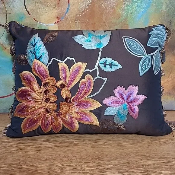 Pier 1 Imports Embroidered Floral Lumbar Pillow Orange Brown Fringe 13x18