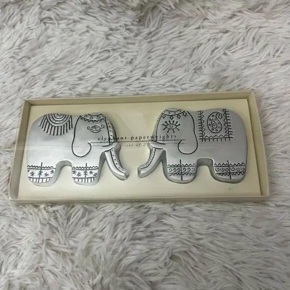 PIER 1 Imports Silver Tone Metal‎ Elephant Paperweights Set Of Two NEW