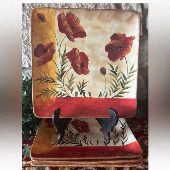 4 Pier 1 Imports Hand-painted Square‎ Dinner Plates Poppies 10” Retired