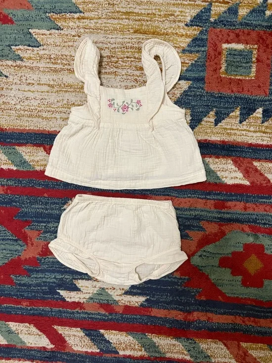 Carter's Cream Ruffle Tank & Bloomer Set with Pink Floral Embroidery