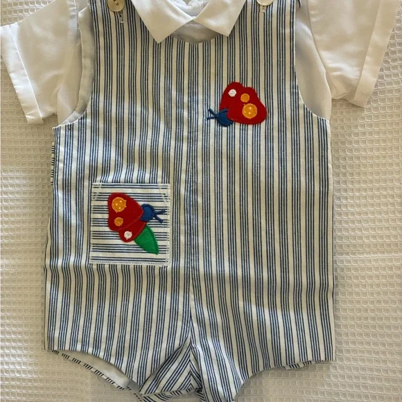 SYLVIA WHITE Blue and White Striped Diaper Cover with Floral Embroidery