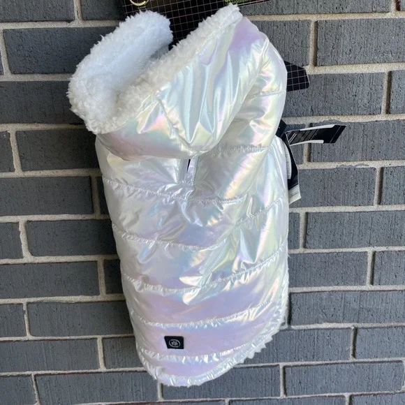 Silver Paw Dog LARGE Metallic Shiny Puffer Jacket Vest Quilted Insulated Warm