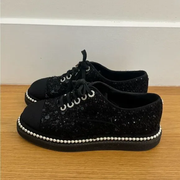 Chanel Black Sequin Oxford Sneakers with Pearl Detailing