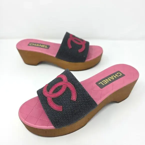 Chanel CC Logo Platform Slides Day Sandals Pink Navy Blue Slip On IT 39 US 8.5