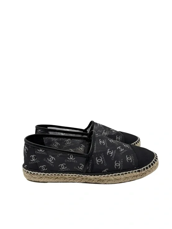 Chanel CC Monogram Logo Black Mesh Grosgrain Cap Toe Espadrilles Size 41