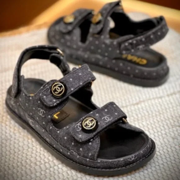 Chanel CC Logo Slingback Dad Sandals in Black Denim Size 39