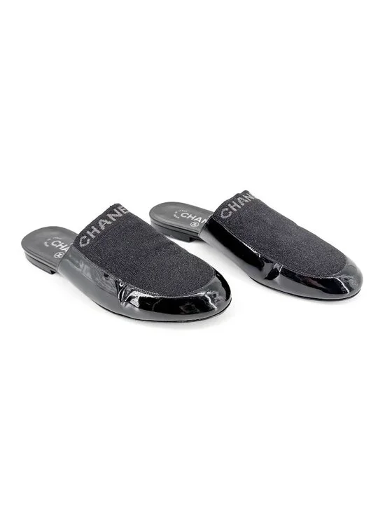 Chanel Logo Glitter Lurex Black Patent Leather Mule Flats Size 39 C US 8-8.5