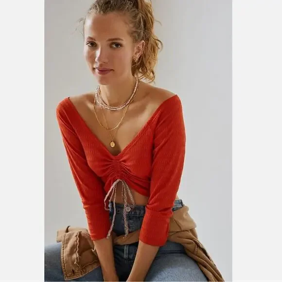 Anthropologie Orange Ribbed Drawstring Crop Top
