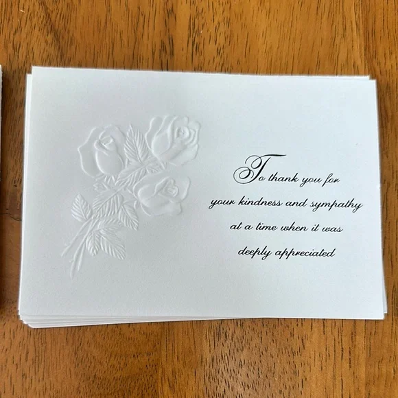 Sympathy thank you cards with matching envelopes. White with black writing