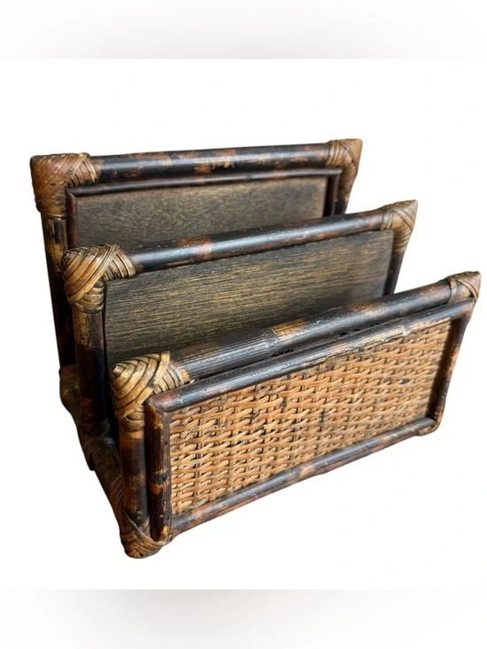 Pier 1 Coastal Rattan Letter Holder Desk Organizer Brown Tan