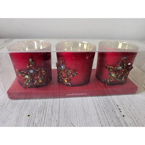 Pier 1 candle holder star Xmas beaded set‎ tea mercury light photo glass new