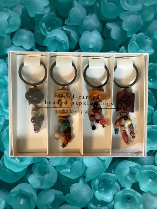 Pier 1 Imports NIB Artisan Boho Rustic Tribal Hand Carved Beaded Napkin Rings OS
