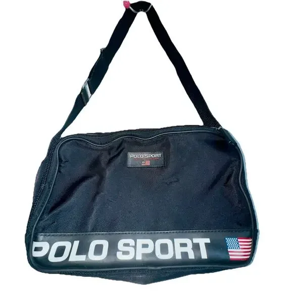 Vintage 90s Polo Sport Ralph Lauren Black Crossbody Bag Men Women Nylon US Flag
