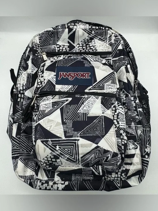 JanSport Cross Town Backpack featuring a black and white geometric print