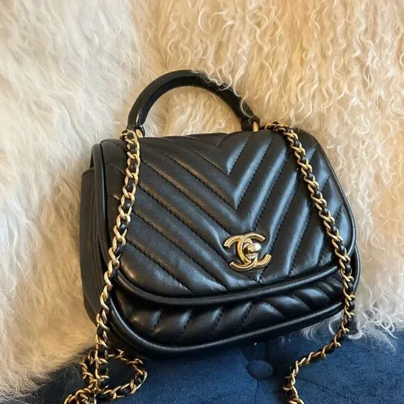 Chanel Coco Mark V-Stitch Top Handle Crossbody Chain Shoulder Bag Black