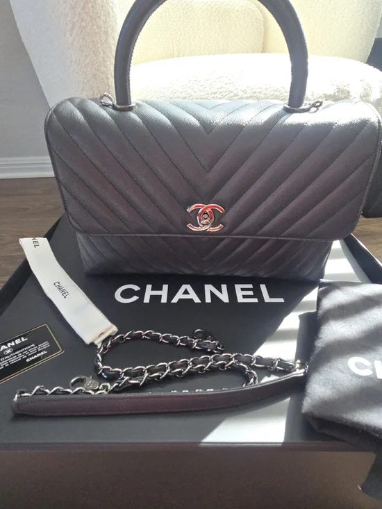 CHANEL Coco Handle Chevron Caviar Bag – Grayish Black