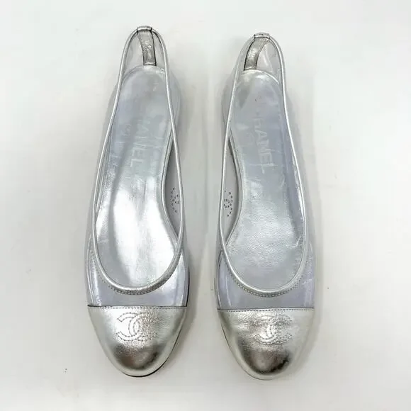 Chanel Interlocking CC Logo Silver Ballet Flat Cap Toe PVC Flat Size 36.5 EU