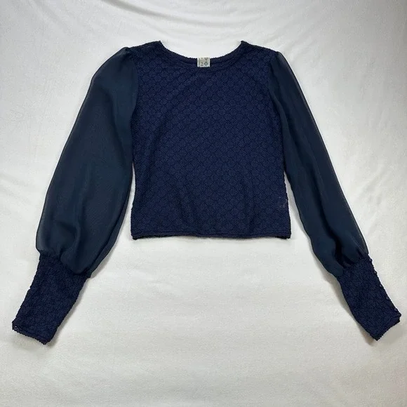 Free People Navy Blue Textured Top‎ Sheer Balloon Long Sleeve Blouse XS