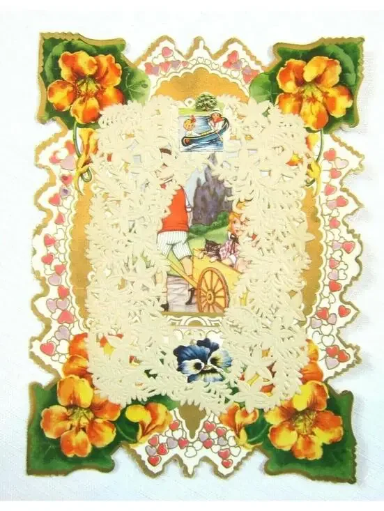 Vintage Valentine 1920s Die Cut Paper Lace XL Boy Wheelbarrow Girl & Cat Fishing
