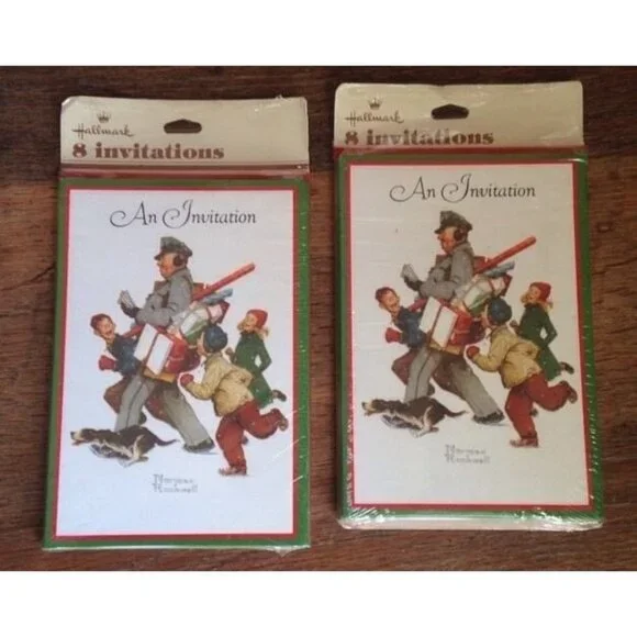 Vintage Hallmark Christmas Invitations Norman Rockwell Mailman Americana New