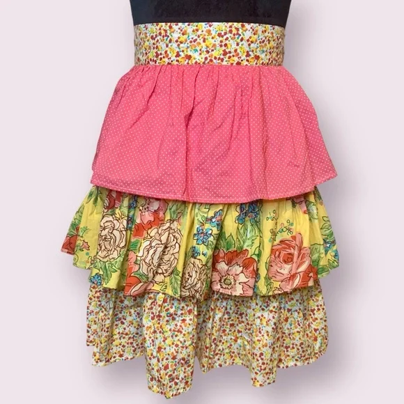 Pier 1 Imports Tiered Ruffle Apron Cottagecore Floral Yellow & Pink