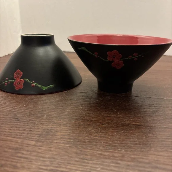Pier 1 Matte Black Red Cherry Blossom Rice Bowls Set of 2 Ceramic Asian Style