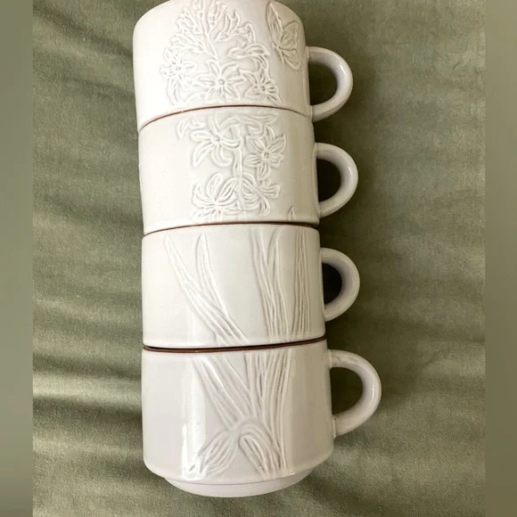 Pier 1 Imports White Floral Butterflies Stacking Mug 8oz Set of 4. UBM