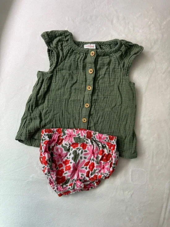 Cat & Jack Olive Green Ruffle-Sleeve Button Baby Top with Floral Bloomers