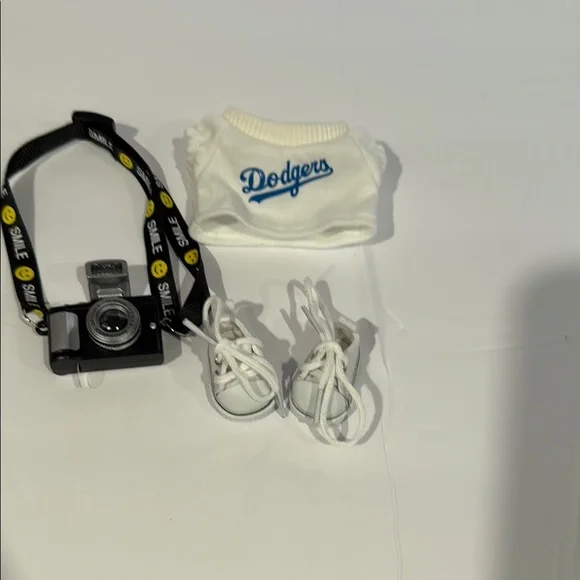 Labubu Outfit Set - White Dodgers with white Converse shoe and a flashing Camera