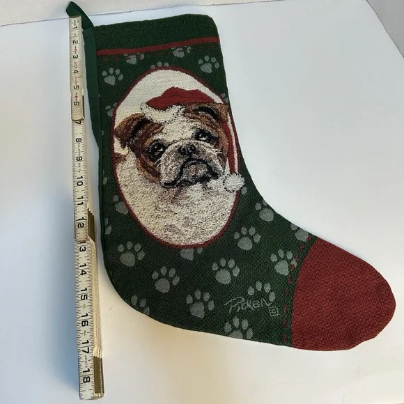 Bulldog Santa Hat Dog Christmas Stocking Tapestry‎ Holiday Linda Pickens Artist