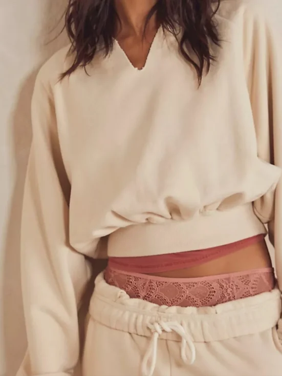 FP Beach Free People Pullover Crop Sweatshirt Cream Boho Beachy Top Small