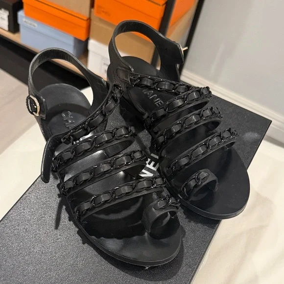 CHANEL Black Leather Chain-Strap Slingback Sandals