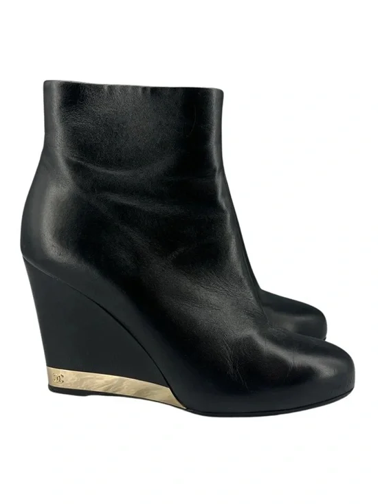 Chanel Black Lambskin Leather Wedge Ankle Boots Gold CC Trim