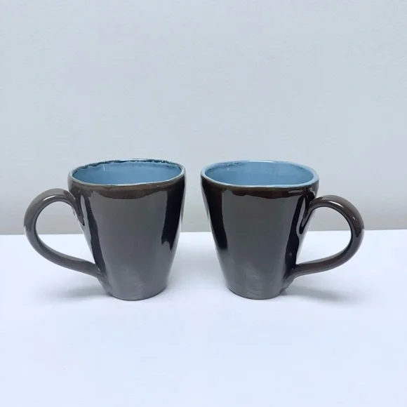 Pier 1 Imports Set of 2 Vintage Stoneware Coffee Cup Mugs, Italy, Brown & Blue