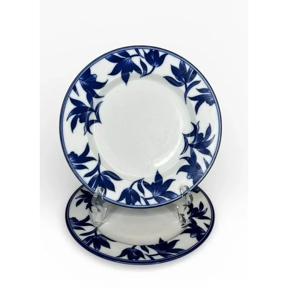 Pier 1 Ming White Cobalt Blue Salad Plate Set of 2 Leaves & Flowers Asian Glossy