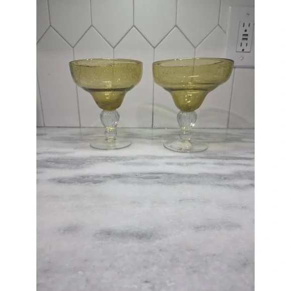 Pier 1 Hand Blown Margarita Glasses, Amber Bubble Design, Set of 2, Cocktail‎