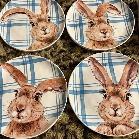 Pier 1 Blue and Brown Henry Bunny Dinner Plates - Set of 8