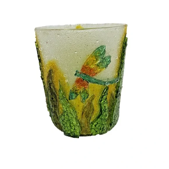 Vtg Pier One Mosaic Glass Dragonfly Pillar Candle‎ Holder 6x5