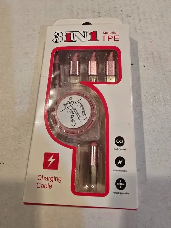 Charging Cord 3-in-I Pink Quick Data Cable USB 3.0-compatible port NEW in Box