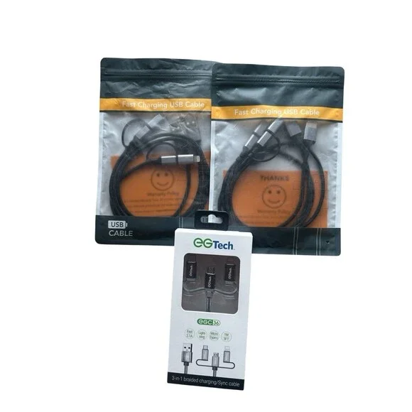 Lot 5 Braided Hybrid Charging Sync Cables USB w/ USB-C Lightening Adapter Micro