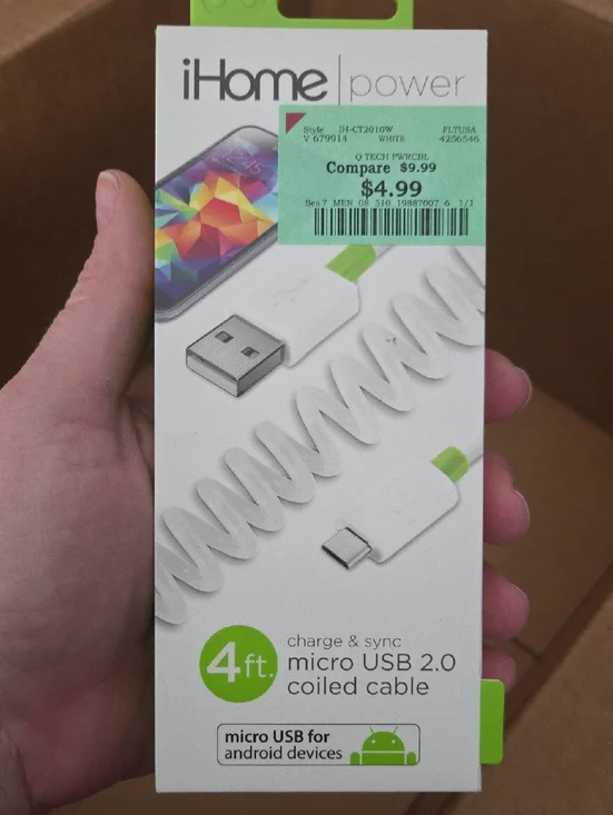 iHome White Micro USB 2.0 Coiled Charge & Sync Cable with Green Accents