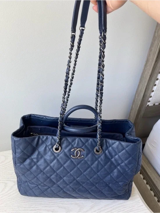 CHANEL Quilted Navy Leather Tote with Chain-Strap Handles Coco Allure