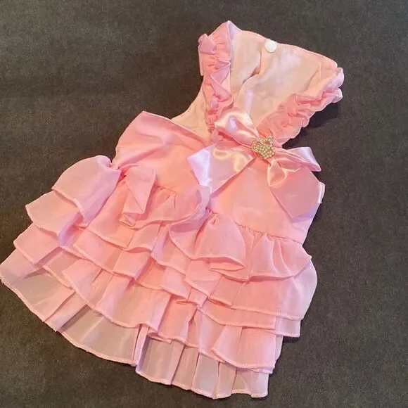 Dog Dress Pink with Cute Ruffle Skirt & Bow Size M NEW