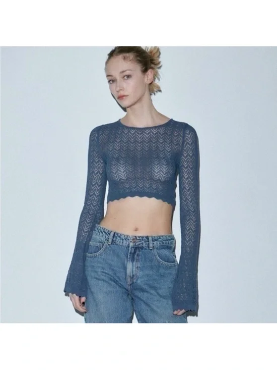 Zara Pointelle Knit Bell Sleeve Top – Blue – Size M