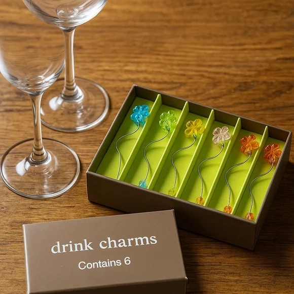 RARE Pier 1 Imports Flower Drink Charms Set of 6 | Wrap-Style Stemware Markers |