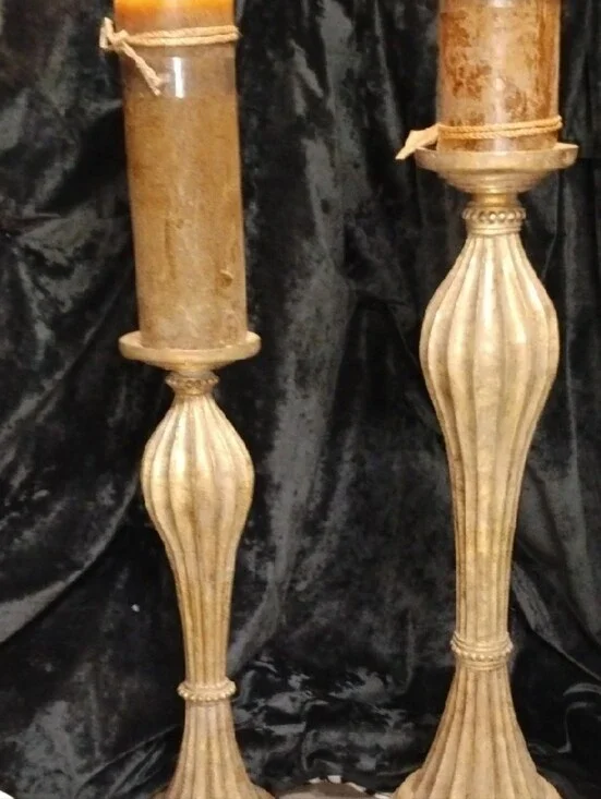 Pier 1 Decorative Tall Candle Holders in Distressed Gold - Set of 2