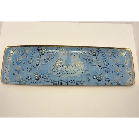 Pier 1 Vintage Blue Gold Foil Art Glass Birds Oblong Serving Tray Dish Whimsy