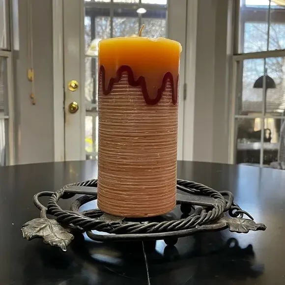 NEW Pier 1 Timber Pillar Cylinder African Amber Tri-Tone Textured 8” Wax Candle